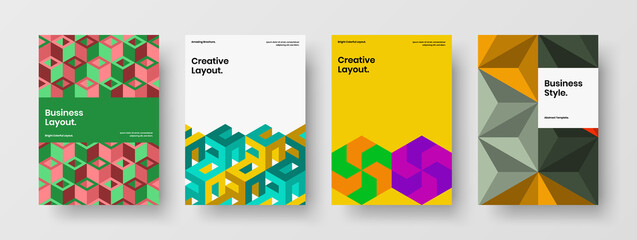 Amazing annual report A4 vector design concept bundle. Trendy geometric tiles corporate brochure template set.