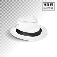 A white fedora hat, isolated on transparent background. Men's hat. Quality realistic Vector, 3d illustration - obrazy, fototapety, plakaty
