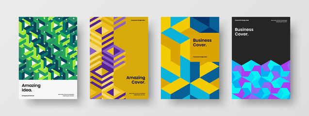 Fresh mosaic shapes corporate brochure concept collection. Minimalistic poster A4 design vector template set.