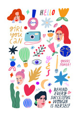 Vector collection with different colorful illustrations. Girls, camera, plants, stars, lettering, flowers. Perfect for stickers, tattoos. - obrazy, fototapety, plakaty