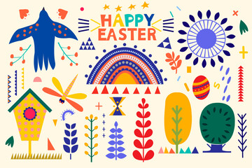 Easter holiday set with chicken, rabbit, cut in paper art style. HAPPY EASTER text. Silhouette illustration. Vector drawing. Geometric - 488767389