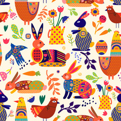Easter holiday seamless pattern with chicken, rabbits and flowers, cut in paper art style. HAPPY EASTER. Vector - 488767390