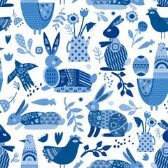 Blue Easter holiday seamless pattern with chicken, rabbits and flowers, cut in paper art style. HAPPY EASTER. Silhouette illustration. Vector drawing. Geometric - 488767391