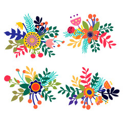 Colorful set with flowers cut in paper art folk style. Silhouette illustration. Vector drawing. Geometric - 488767393