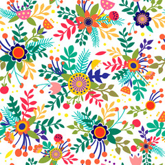 Colorful seamless pattern with flowers cut in paper art folk style. Silhouette ornamenr illustration. Vector drawing. Geometric