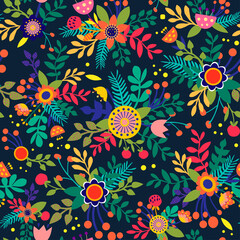 Colorful seamless pattern with flowers cut in paper art folk style. Silhouette ornamenr illustration. Vector drawing. Geometric - 488767396