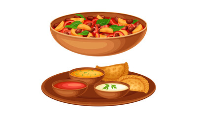 Delicious traditional Asian cuisine dishes set. Stewed vegetables and beans vector illustration