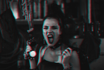 futuristic girl in cyberpunk style of future cosplays a character of online computer game. Black and white 3d virtual reality concept with glitch effect