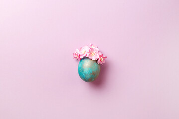 Creative banner blue egg with gold and pink flowers mock up. Stylish banner for Easter Day. Original beauty design top view