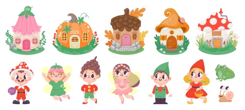 Cute cartoon fairies, elves and gnomes, fairytale houses. Magic flower fairy princess, gnome with mushroom hat. Fantazy character vector set