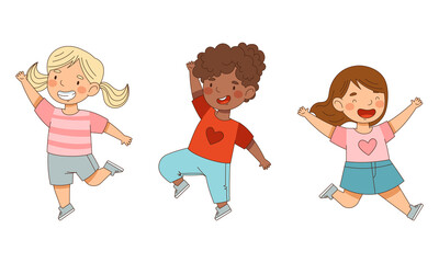 Happy kids jumping together set. Cute children having fun cartoon vector illustration