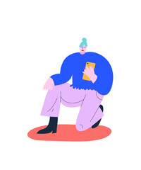 Colorful vector illustration. Depiction of a girl in blue shirt and wide purple pants. Lady holds phone. 