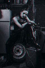 Naklejka na ściany i meble futuristic girl in cyberpunk style of future cosplays a character of online computer game. Black and white 3d virtual reality concept with glitch effect
