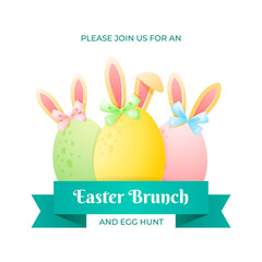 Easter brunch and egg hunt concept. Spring background template. Cute illustration of colorful eggs with bunny ears. Vector 10 EPS.