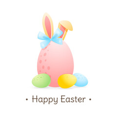 Happy easter card template. Cute spring illustration of colorful eggs with bunny ears. Vector 10 EPS.