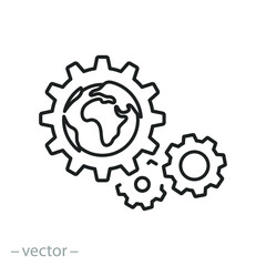 world mechanism icon, globe wiht gears, spin earth cogwheel, global engineering teamwork, thin line symbol on white background - editable stroke vector illustration