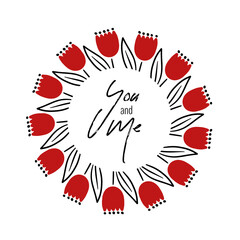 Obraz premium With love - lettering. Vector round frame, wreath from outline tulips and hearts. Hand drawn doodle isolated. Background, border for greeting card, invitation, wedding