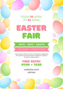 Easter fair poster template. Cartoon frame of colorful eggs on white background. Spring market concept. Vector 10 EPS.