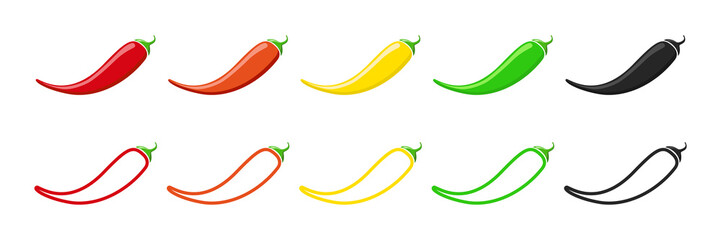 Chilli pepper meter icons. Outline of spicy, medium and low levels of pepper. Red, orange, yellow, green and black line icons. Vector