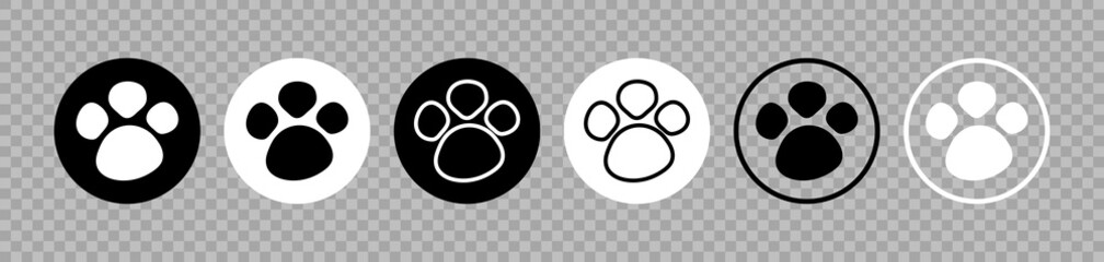 Paw dog print. Outline pawprint. Black and white icons isolated on transparent background. Cat footprint. Silhouette of paw pet print. Cartoon puppy. Animal illustration. Vector - obrazy, fototapety, plakaty