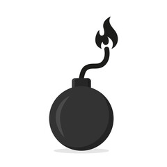 Bomb icon. Dynamite icon. Cartoon explosive weapon for destruction. Grenade for threat and boom. Black silhouette with fire. Vector