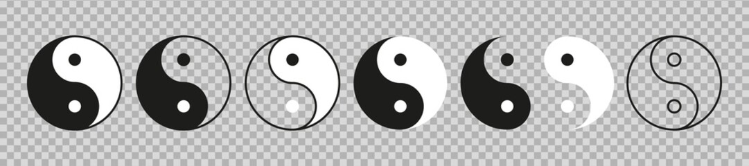 Yin yang symbol. Ying yan icon. Taoism sign. Yinyang symbol. Balance and harmony. Logo of meditation, karma, buddhism and japan. Black-white icon isolated on transparent background. Vector - obrazy, fototapety, plakaty