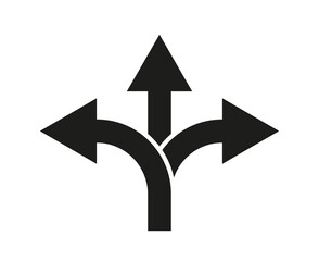 Arrow way with three options of road icon. Choice of pathway. Choose of decision in split of direction. Crossroad, uncertainty and choice opportunity. 3 directions on junction. Vector