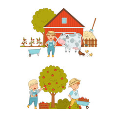 Cute kids working on farm set. Boys and girls harvesting apples and caring for farm animals cartoon vector illustration