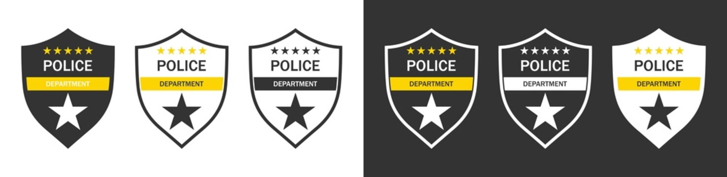 Police badge. Police department emblems isolated on white and black background. Flat outline badges with shields for cop, officer and sheriff. Symbol of detective and policeman. Vector
