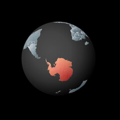 Low poly globe centered to Antarctica. Red polygonal country on the globe. Satellite view of Antarctica. Awesome vector illustration.