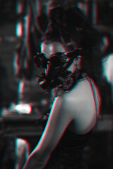Naklejka premium girl in cyberpunk costume with glasses and gas mask cosplays a character of future cyborg computer game. Black and white 3d virtual reality concept with glitch effect