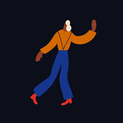 Minimalist vector illustration with a girl. Lady in blue pants dances. Dance moves. Activity, fun, entertainment, leisure.