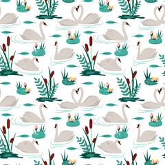 Seamless pattern with white swans on the lake. Hand draw vector illustration