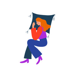 Colorful vector illustration with crying girl. Woman on the pillow cries. Mental problems related image. Therapy, mental health. Tears, depression.