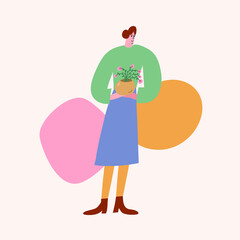 Colorful vector illustration of a girl with houseplant. Depiction of green potted plant. Plant lady. Decorative element for cards, posters, stationery. Abstract composition on background.