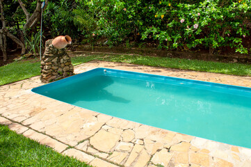 Swimming pool on site. Trees with fruits. Decoration.