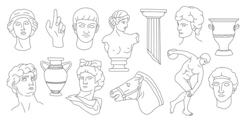 Antique greek sculptures heads, columns, amphoras and gypsum hand. Ancient horse sculpture. Line classic greece statue silhouette vector set