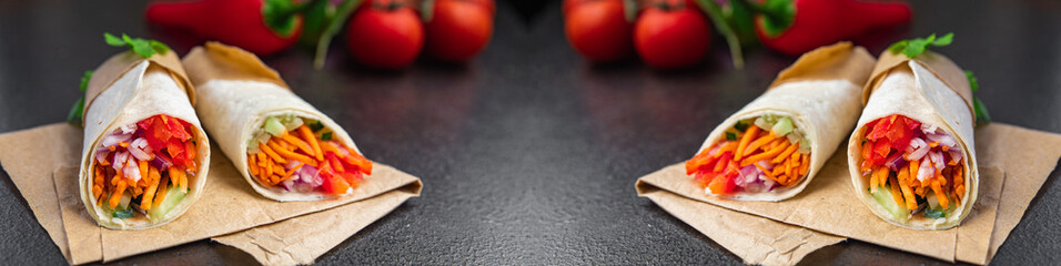 vegetarian doner kebab vegetable lavash sandwich shawarma burrito pita filling veggie vegetables on the table meal snack copy space food background 