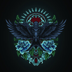 Naklejka premium artwork illustration and t shirt design tiger swallow and rose engraving ornament