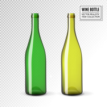 Vector blank and empty wine bottles of various green colors. Mockup. Realistic vector, 3d illustration