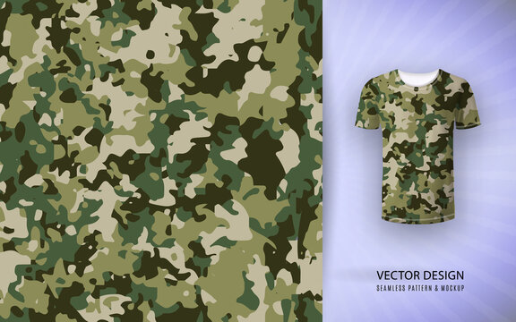 Tshirt camouflage background. Seamless pattern and shirt mockup. Vector