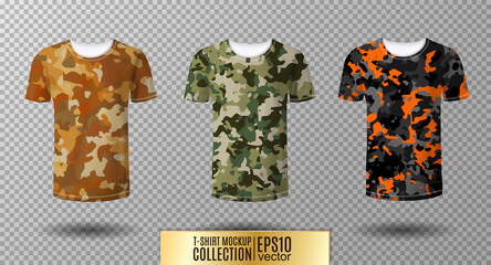 Military-style shirts for men. Set of t-shirts mock up. Camouflage. Vector realistic, 3d illustration