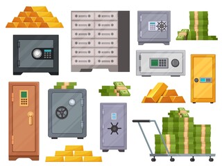 Cartoon bank vault safes, gold bars and money in stacks. Steel lockers, deposit boxes with code locks. Banks currency security vector set - obrazy, fototapety, plakaty