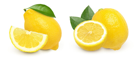 lemon fruit and sliced with leaves isolated on white background, Fresh and Juicy Lemon