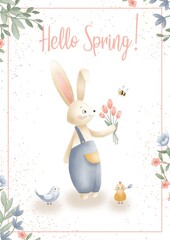 Greeting card with Easter bunny, chicken, bird, flowers on white background. Use for greeting, posters, design.