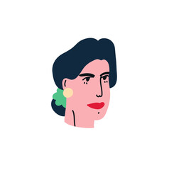 Minimalist portrait of a lady with dark hair, earring and red lipstick. Depiction of woman's face in vector. Young lady.