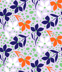 Abstract Hand Drawing Retro Flowers Leaves and Dots Seamless Vector Pattern Isolated Background
