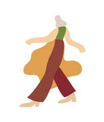 Vector illustration with dancing girl. Abstract shape on the background. Drawing of young woman in natural colors. Dance moves, activity, entertainment.