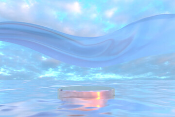 A romantic pedestal on the water against the background of the evening sky. A metal podium with a reflection of the sun and a fluttering fabric above it. 3D Render