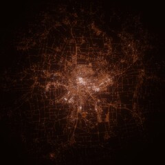 Lugansk (Ukraine) street lights map. Satellite view on modern city at night. Imitation of aerial view on roads network. 3d render